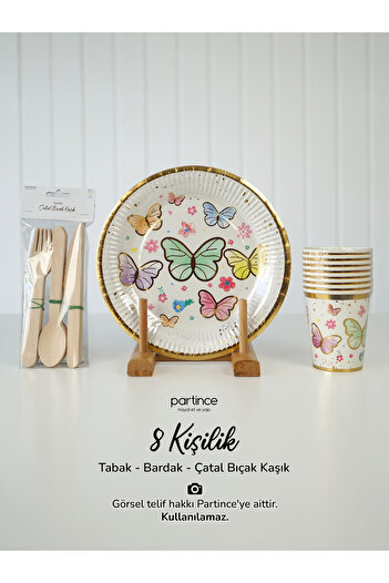 partince 8-Person Macaron Butterfly Theme Disposable Cardboard Plate Cup Fork Spoon Knife Gilded Party Set