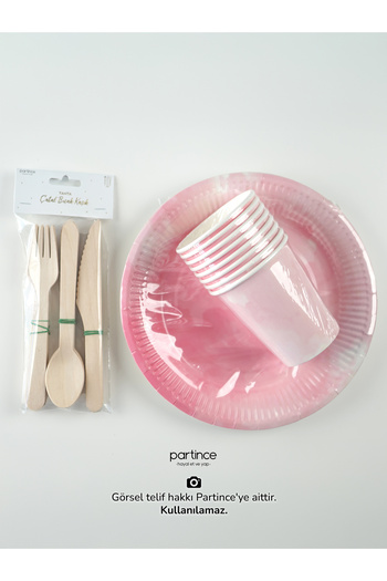 partince 8-Person Macaron Pink Theme Disposable Cardboard Plate Cup Fork Spoon Knife Party Set