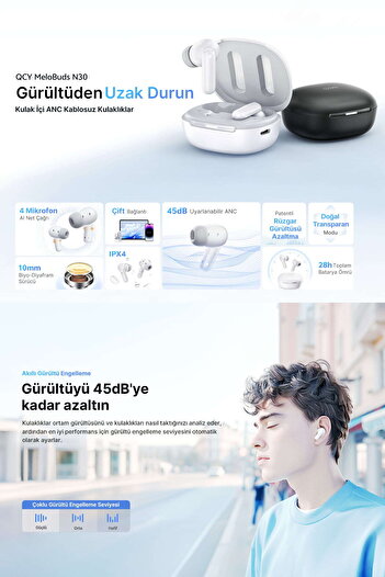 QCY Melobuds N30 Adaptif Anc Bluetooth Kulaklık 4 Mikrofon Çift Cihaz Desteği Ipx4 Siyah