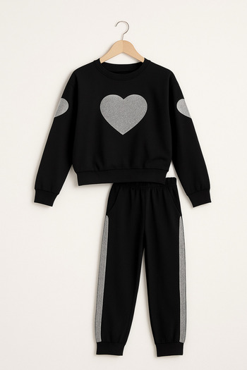 RAPAPA Heart Embroidered Glittery Girl's Bottom and Top Set 2570 Black
