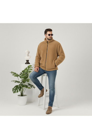 Fifty Color Плюшено яке Camel Plush Wellsoft с яка стойка и цип, джобове и голям крой