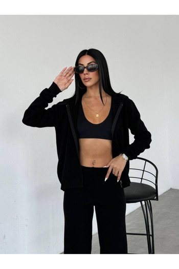 Bliss Women's Black Winter Top and Bottom Set Zippered Tracksuit Set