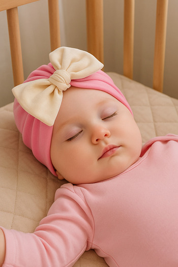 TAKIŞTIR Pink and Cream Color Ribbon Figured Baby Hair Cap