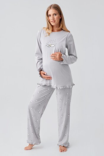 Artış Long Sleeve Patterned Stretchy Cotton Maternity Dressing Gown Pajama Set