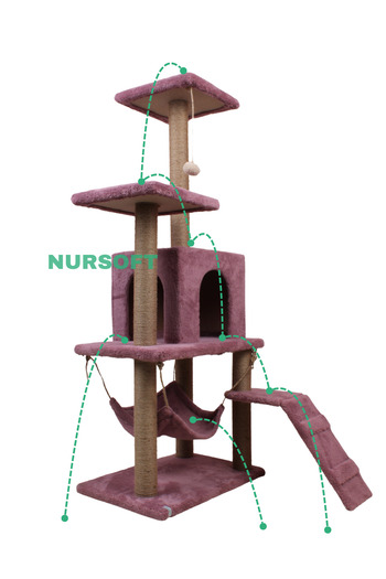 Nursoft B-07 Hamaklı Yuvalı Lüx Kedi Tırmalama Oyun Evi- Gül Kurusu
