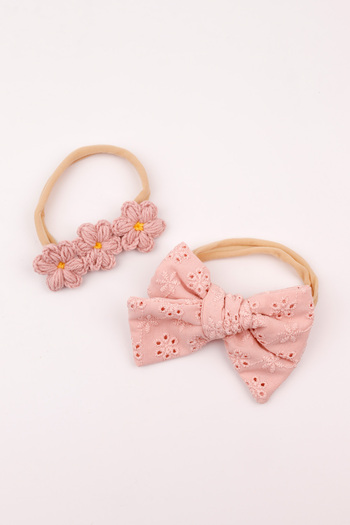 Le Mabelle Dried Rose Scallop Bow Knitted Flower 2-Piece Girl's Hair Band Set