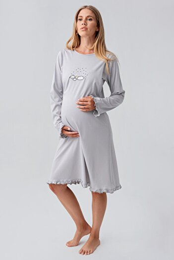Artış Long Sleeve Patterned Stretchy Cotton Maternity Morning Gown