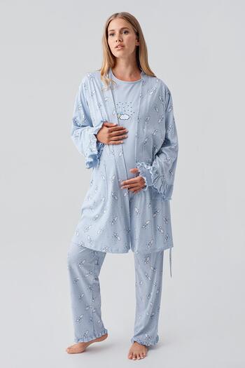 Artış Long Sleeve Patterned Stretchy Cotton Maternity Dressing Gown Pajama Set