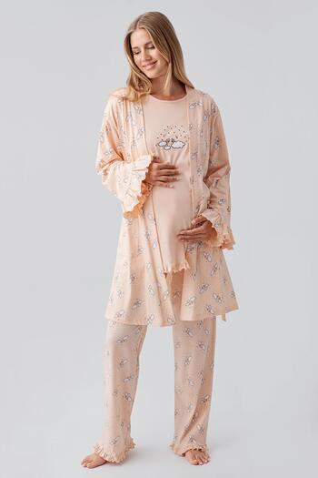 Artış Long Sleeve Patterned Stretchy Cotton Maternity Dressing Gown Pajama Set