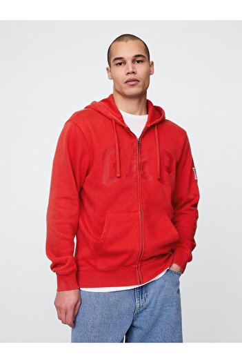 GAP Erkek Kırmızı VintageSoft Logo Fermuarlı Sweatshirt