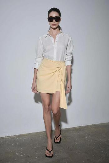Suud Collection Yellow Mara Mini Linen Wrap Skirt