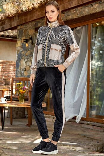 Cossy By Aqua 24342 Women's Long Sleeve Houndstooth Pattern Velvet Tracksuit Set-Beige