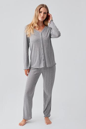 Artış Long Sleeve Openwork Buttoned Stretchy Cotton Maternity Pajamas Set