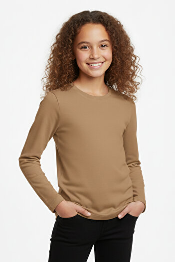 MK Mukko Kids Girls Boys Mocha/Dark Brown Colored Basic Seasonal Long Sleeve T-Shirt