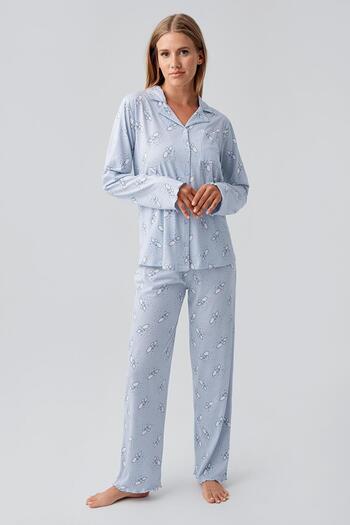 Artış Long Sleeve Patterned Buttoned Flexible Cotton Maternity Pajama Set