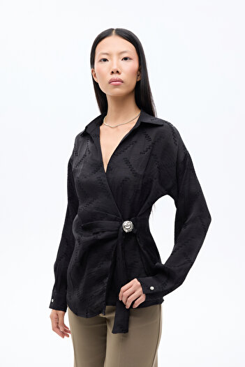 Quzu Double-Breasted Blouse with Buckle Accessories Black