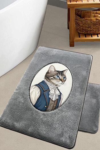 Chilai Home Modcat Gray 2-Piece Embroidered Bath Mat, Non-Slip Base 60X100 50X60 cm