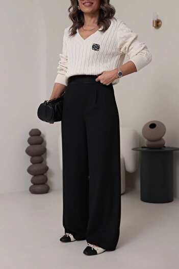 KAROL Comfortable Fabric Trousers with Elastic Waistband Black