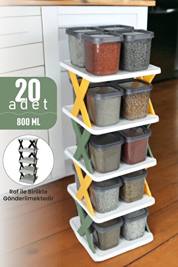 İronika Set of 20 Original Shelf and Lid Food Pulses Spice Storage Container Box 20x800ML Yellow-Y