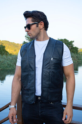 fubileather Genuine Lambskin Men's Leather Vest with Real Fur Inside