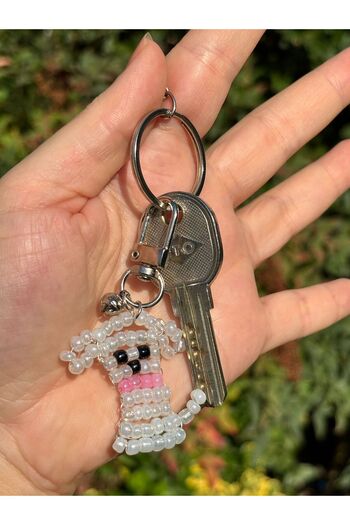 PEONY - peonyofficiall Dog Keychain Bead Embroidered Accessory Silver Clip Keychain with Bell