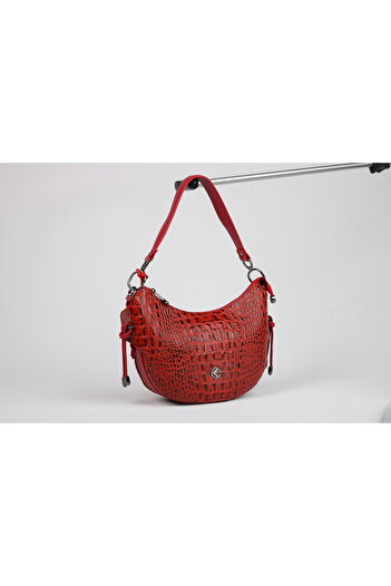 Aksesuarlia Red Color Crocodile Pattern Leather Bag - 40403, 100% Genuine Leather, Shoulder Strap, Bag