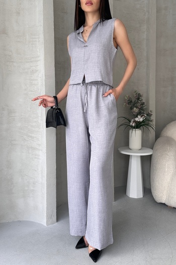 Fav Style Women's Judge Collar Tank Top and Loose Wide Leg Pocket Pants Suit Gray