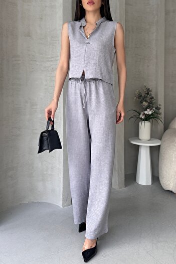 Fav Style Women's Judge Collar Tank Top and Loose Wide Leg Pocket Pants Suit Gray