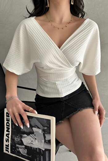 Fav Style Women's Short Sleeve Double Breasted Neck Back V Cross Band Detail Blouse White