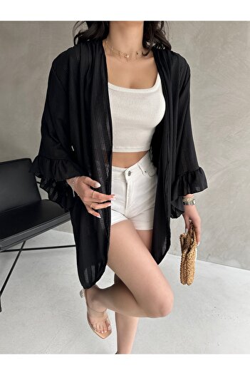 Fav Style Women's Flared Three Quarter Sleeve Spring Cardigan Black