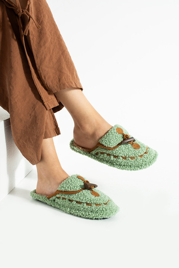 Moda Devrin Green Ivory Stitched Washable Winter Women's Slippers