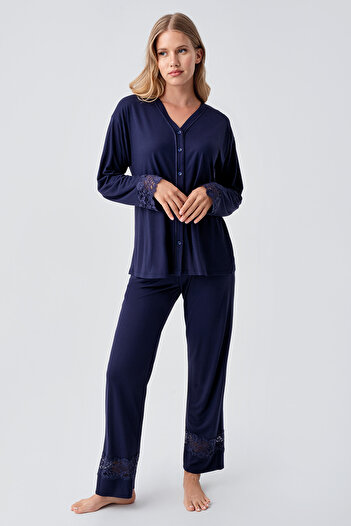 Artış Long Sleeve Buttoned Lace Flexible Viscose Pajama Set