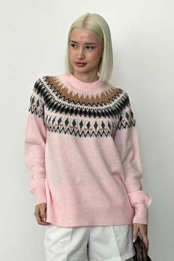 Madmext Pink Crew Neck Patterned Women's Knitwear Sweater Mg2502
