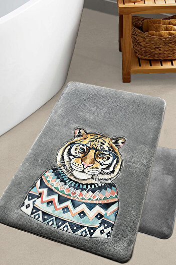 Chilai Home Logwe Gray 2-Piece Embroidered Bath Mat, Non-Slip Base 60X100 50X60 cm