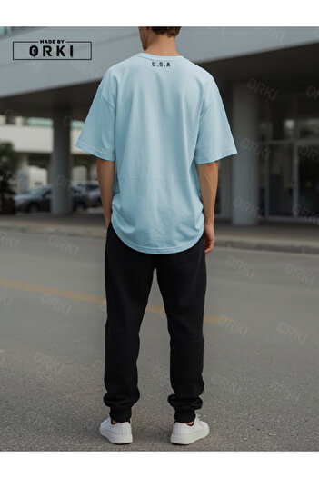 EFFRENATU Usa Fit Printed - Oversize Light Blue T-Shirt & Black Pants Jogger Men's Tracksuit Set