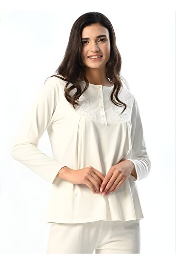 Lohussa Women's Ecru Lace Winter Special Design Maternity Maternity Dressing Gown Pajama Set