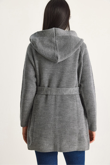 Bianco Lucci Women's Hooded Shawl Collar Belted Cardigan 20246309
