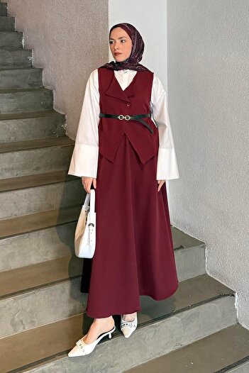 lamelif Buttoned Skirt-Vest Hijab Double Set Burgundy