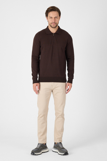 hateko Brown 100% Cotton Men's Half Zipper Polo Neck Knitwear Sweater