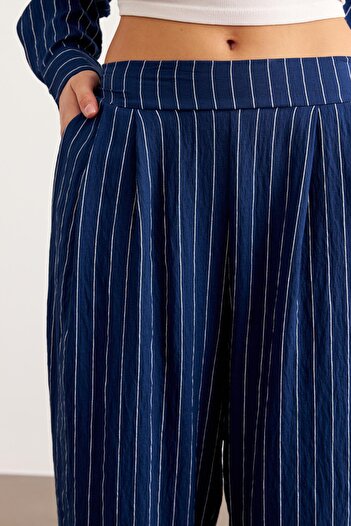 LEVURE Beli Lastikli Çizgili Uzun Pantolon LACİVERT