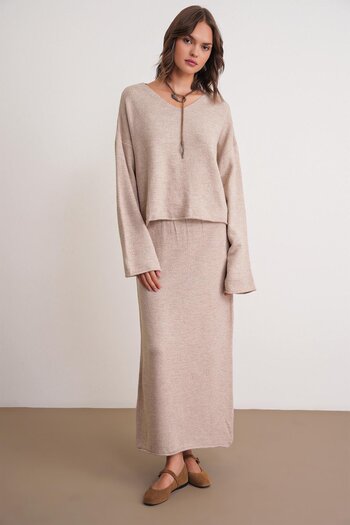 Mixray 6961 Women's Knitwear Sweater Skirt Set Beige