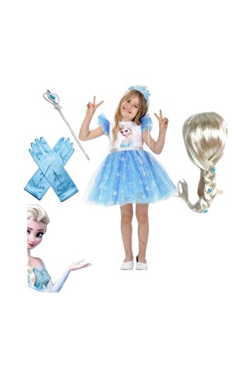3b kids Elsa Anna Frozen Costume Dress + Elsa Wig + Elsa Crown - Wing + Elsa Gloves Set Birthday