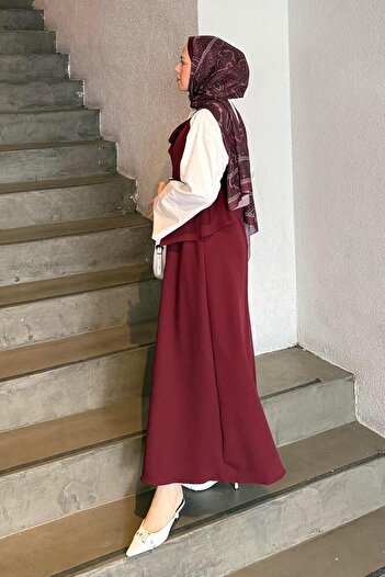 lamelif Buttoned Skirt-Vest Hijab Double Set Burgundy