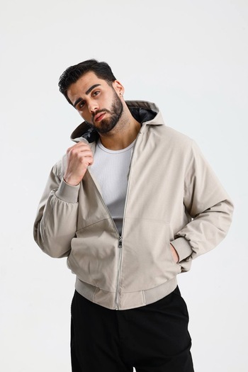 İLKCET MODA Hooded Cream Gabardine Oversize Bomber Jacket