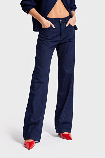 its basic Women's Laci Indigo Color 7W5-50 Loose Fit Shiny Stone Detailed Inner Length 80cm Special Design Denim Jean