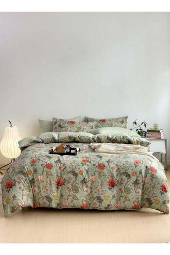 LUNA HOME Queen-Size 6 Piece Flower Pattern Duvet Cover in Khaki