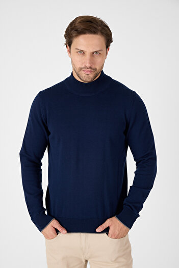 hateko Navy Blue 100% Cotton Men's Half Turtleneck Knitwear Sweater