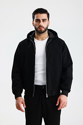 İLKCET MODA Hooded Black Gabardine Oversize Bomber Jacket