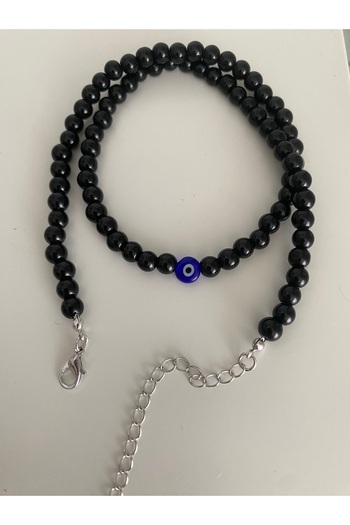 Stoneday Black Bead Necklace with Evil Eye Bead Silver Detail