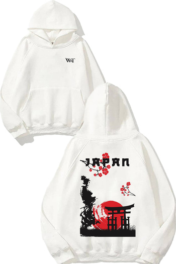THEWERT Japanese 4 Design Back Printed White Hooded Sweatshirt